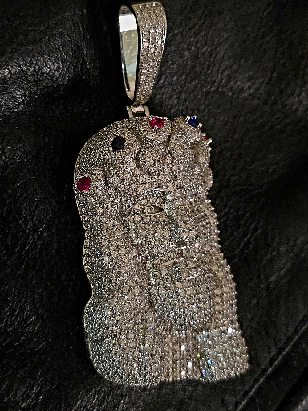 Pave Jesus Head Pendant with Red & Blue Accents